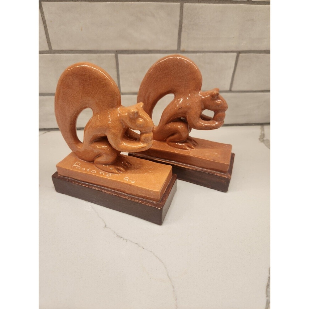 Vintage Ceramic Squirrel Holding Acorn Ceramic Bookends made in Peru